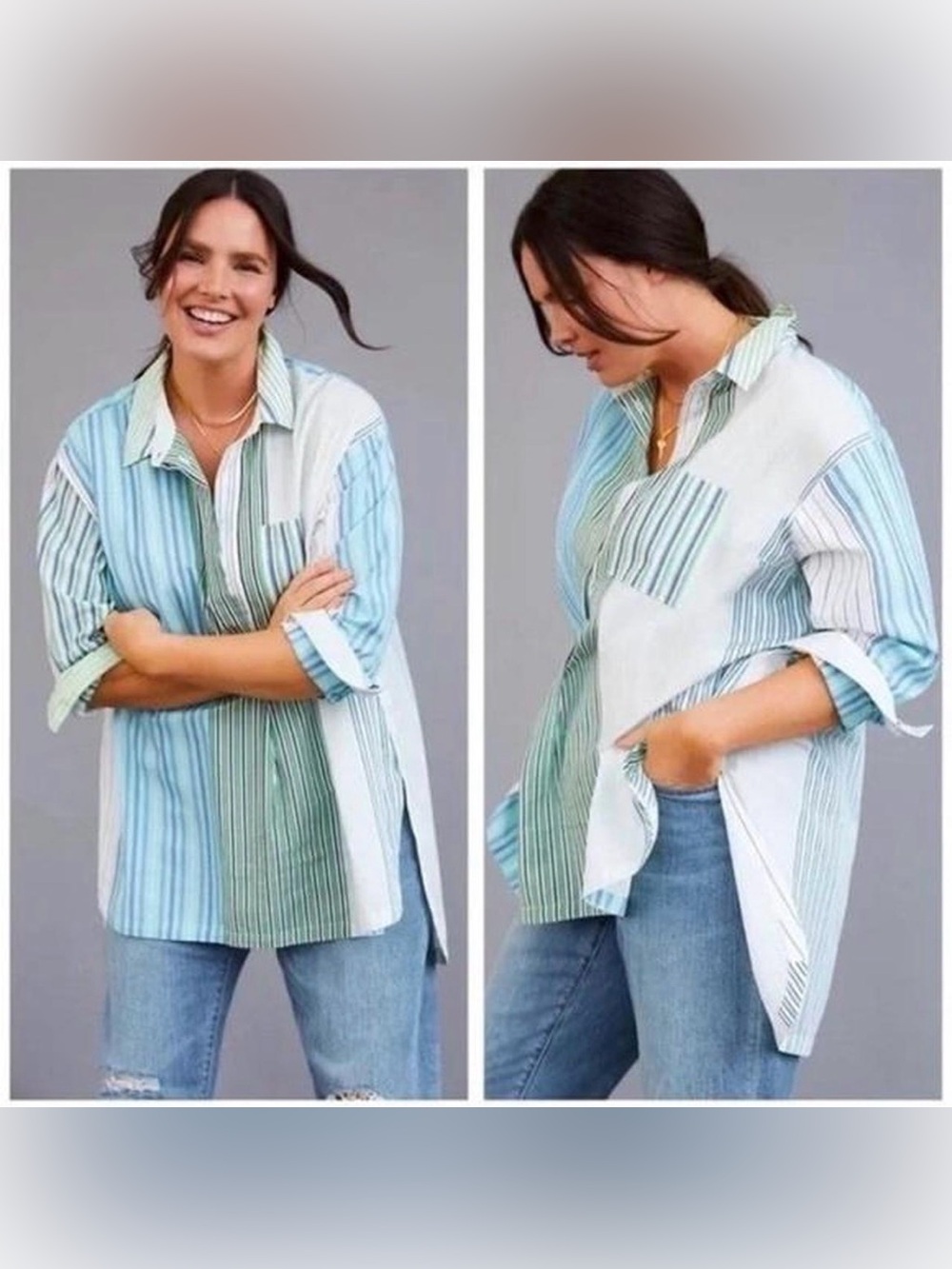 Maeve Anthropologie Mixed Blue & Green Striped Half Button Shirt, Women’s Medium